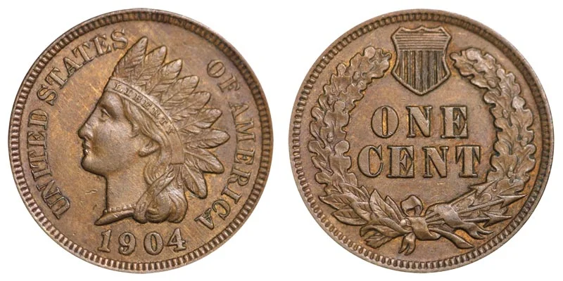 1904 Indian Head Penny obverse showing Lady Liberty and headdress, and reverse with ONE CENT wreath