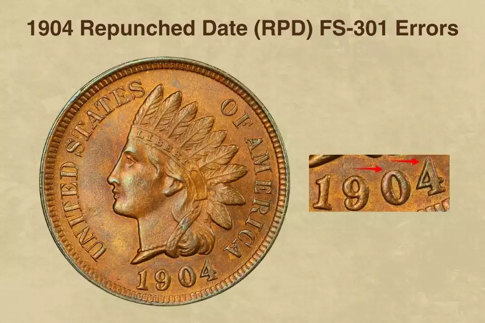 1904 Indian Head Penny RPD FS-301 close-up showing repunched date digits with doubled impressions on the 9 and 0