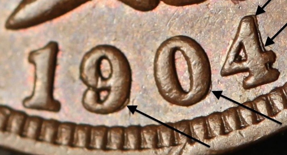 1904 Indian Head Penny Snow-1 RPD-003 variety showing repunched date with secondary impressions to the east of the 9 and 0 digits