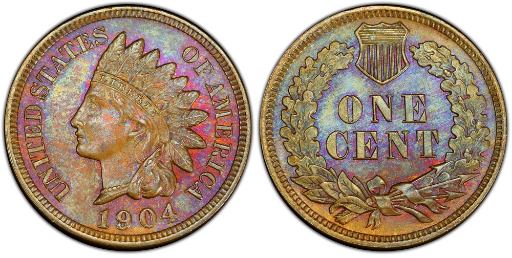 1904 Indian Head Penny grading strip showing four condition tiers from Good to Mint State